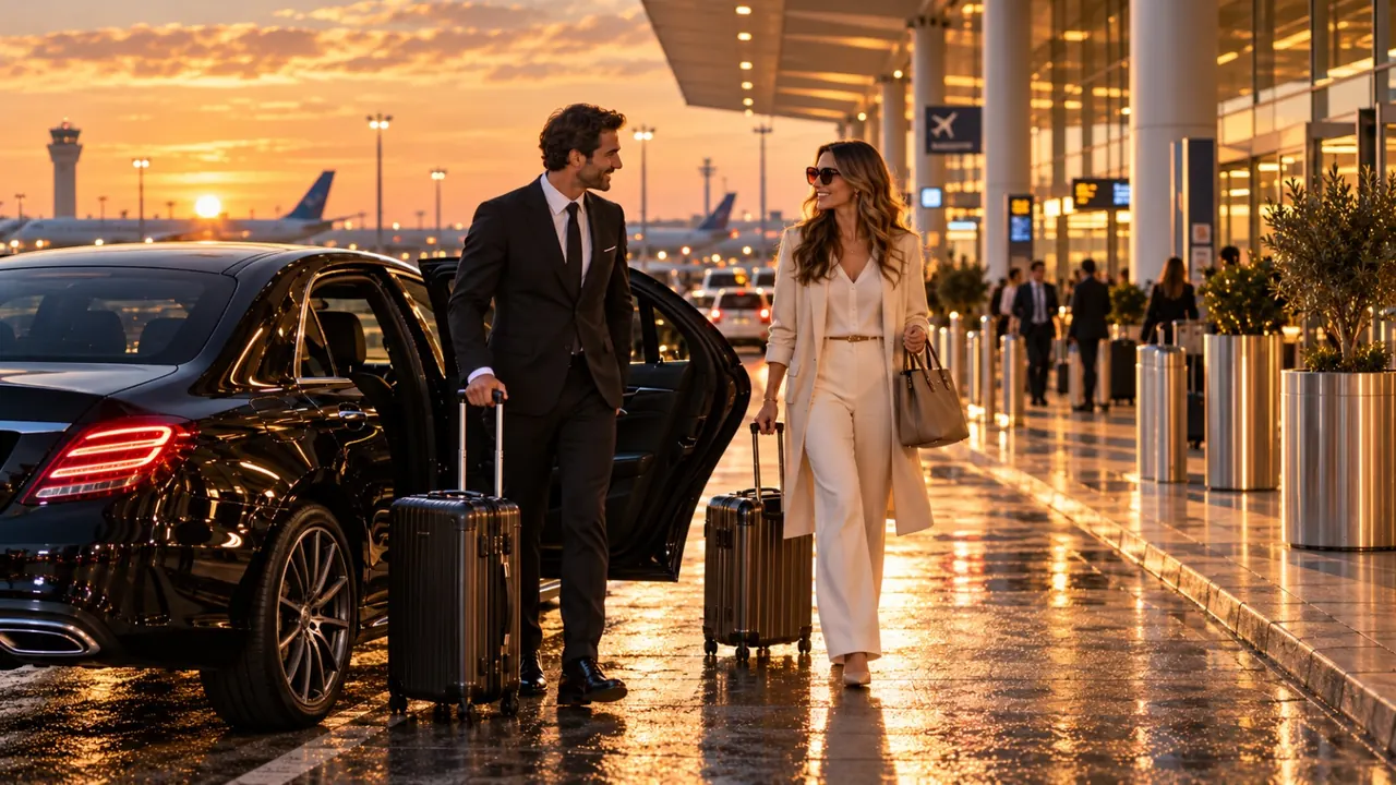 Passagers et leur chauffeur devant un terminal d'aéroport au coucher du soleil